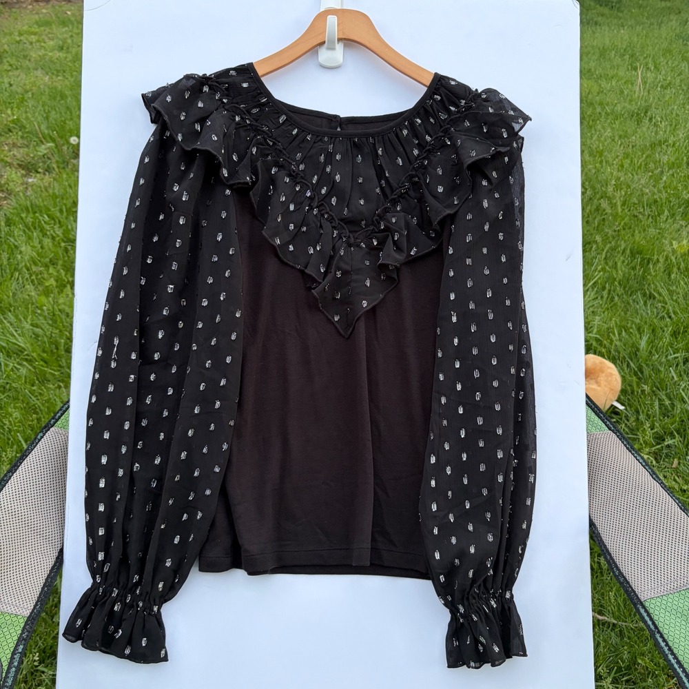LOFT Black Metallic‎ Clip Dot Ruffle Mixed Media Long Sleeve Top Womens Medium